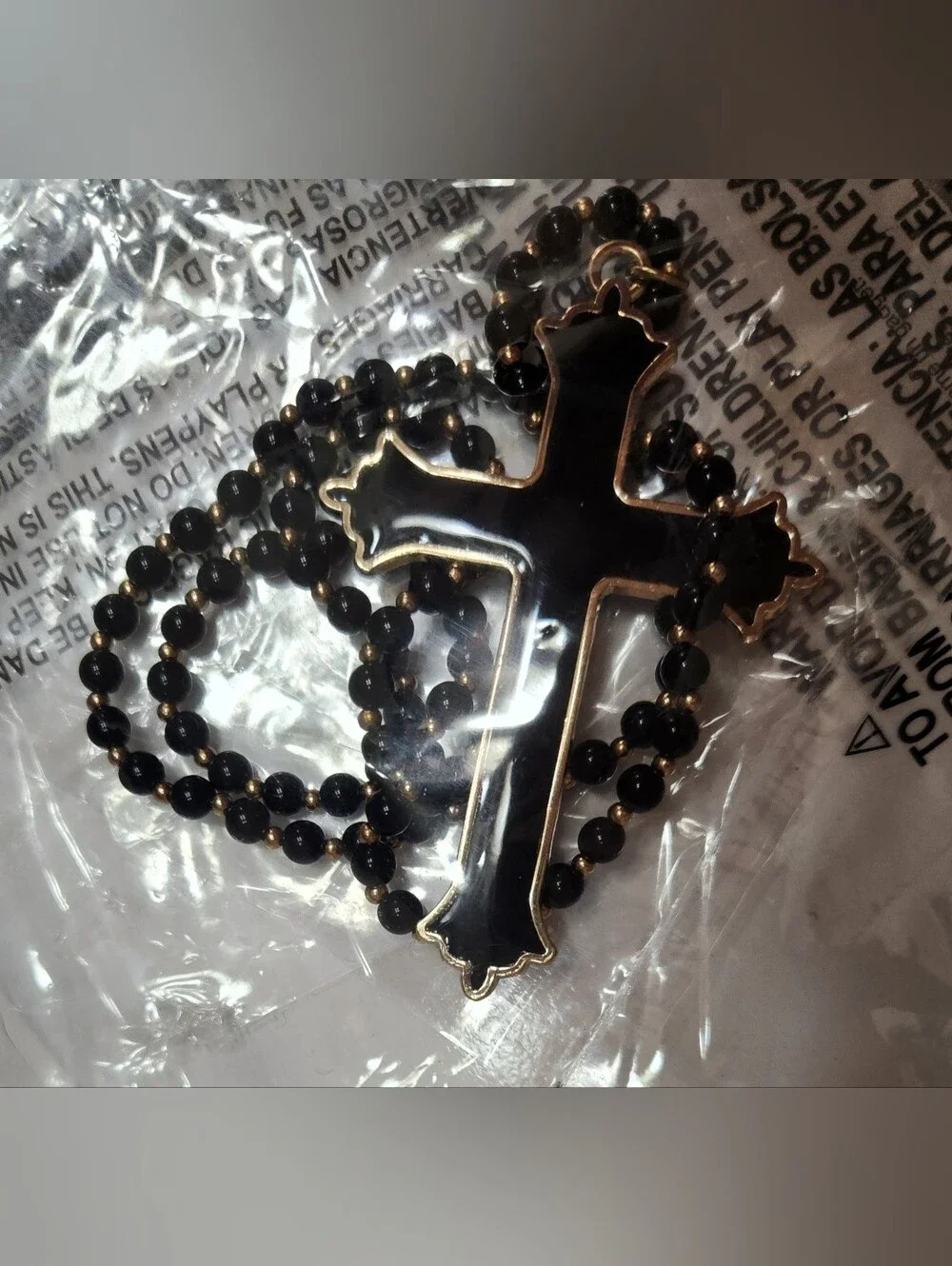 Black Beaded Ball Chain Necklace with Large Cross Pendant – 24